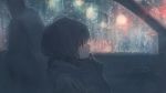  1girl bangs blurry bokeh car_interior closed_mouth coat depth_of_field expressionless from_side highres namihaya original plaid plaid_scarf profile rain scarf short_hair sitting solo tagme upper_body water_drop 