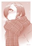  1girl :&lt; cyclops flower hair_flower hair_ornament kouda_tomohiro limited_palette one-eyed original scarf sepia short_hair snowing solo 