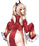  1girl absurdres ass bangs blonde_hair chinese_clothes commentary_request detached_sleeves dress eyebrows_visible_through_hair fang frilled_sleeves frills from_behind girls_frontline headgear highres korean_commentary long_hair looking_at_viewer looking_back loveu m4_sopmod_ii_(girls_frontline) multicolored_hair open_mouth pelvic_curtain red_dress red_eyes redhead sidelocks simple_background sleeves_past_fingers sleeves_past_wrists solo streaked_hair teeth very_long_sleeves white_background 