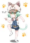  1girl animal_ears animal_hat blouse cabbie_hat cacao_(nekopara) cat_ears cat_hat cat_tail commentary_request eggman_(pixiv28975023) genba_neko green_hair hat looking_to_the_side nekopara no_shoes overall_shorts parody paw_print pointing short_hair simple_background socks solo standing standing_on_one_leg tail white_background white_blouse white_legwear yellow_eyes 
