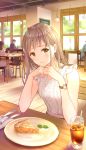  1girl apple_pie bare_arms blouse blush brown_eyes brown_hair chin_rest earrings elbows_on_table eyebrows_visible_through_hair food frilled_sleeves frills highres jewelry long_hair looking_at_viewer original pechi_(peeechika) restaurant sweets watch watch white_blouse 