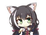  1girl animal_ear_fluff animal_ears bangs bare_shoulders black_hair blush cat_ears cat_girl chibi commentary_request detached_sleeves eyebrows_visible_through_hair green_eyes hair_between_eyes hair_ribbon hand_on_own_cheek highres karyl_(princess_connect!) long_hair looking_at_viewer low_twintails multicolored_hair princess_connect! princess_connect!_re:dive purple_ribbon ribbon sidelocks simple_background smile solo teen_(teen629) twintails two-tone_hair white_background white_hair 