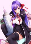  1girl bb_(fate)_(all) bb_(fate/extra_ccc) black_coat coat fate/extra fate/extra_ccc fate_(series) gloves hair_ribbon high-waist_skirt highres leotard long_hair neck_ribbon oversized_object purple_hair red_ribbon revision ribbon sezoku skirt syringe very_long_hair violet_eyes white_gloves white_leotard 