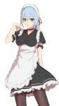  1girl apron bangs black_choker blue_hair blue_nails blush breasts choker collarbone commentary_request dress elfenlied22 eyebrows_visible_through_hair frills hair_between_eyes hair_ribbon highres large_breasts long_hair looking_at_viewer maid_apron maid_dress original red_ribbon ribbon short_sleeves simple_background smile solo white_background 