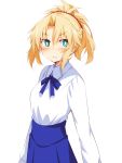  1girl alternate_costume artoria_pendragon_(all) bangs blonde_hair blue_ribbon blue_skirt blush braid breasts bright_pupils chata_maru_(irori_sabou) commentary_request cosplay eyebrows_visible_through_hair fate/apocrypha fate/stay_night fate_(series) frown green_eyes highres long_hair long_skirt long_sleeves looking_at_viewer medium_breasts mordred_(fate) mordred_(fate)_(all) ponytail red_scrunchie ribbon saber saber_(cosplay) scrunchie shirt simple_background skirt solo white_background white_pupils white_shirt 