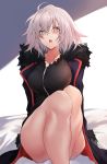  1girl :o absurdres ahoge bangs bed_sheet black_dress breasts coat crossed_bangs dress fate/grand_order fate_(series) fur-trimmed_coat fur-trimmed_jacket fur_collar fur_trim hair_between_eyes highres jacket jeanne_d&#039;arc_(alter)_(fate) jeanne_d&#039;arc_(fate)_(all) large_breasts looking_at_viewer open_clothes open_coat open_mouth short_dress short_hair silver_hair sitting thighs wicked_dragon_witch_ver._shinjuku_1999 yellow_eyes yuki_maccha_(yukimattya10) 