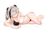  1girl absurdres animal_ears arknights ass bare_shoulders barefoot breasts choumi_wuti_(xueye_fanmang_zhong) feater_(arknights) highres large_breasts open_mouth panda_ears solo swimsuit two-tone_background yellow_eyes 