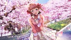  1girl amami_haruka brown_hair cherry_blossoms commentary_request grass green_eyes hair_ribbon highres hina_(araburu-hinadori) idolmaster idolmaster_(classic) long_sleeves looking_at_viewer open_mouth outdoors petals print_skirt red_ribbon ribbon short_hair skirt smile solo watch white_skirt 