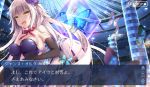  1girl black_gloves breasts bug butterfly commentary_request dress elbow_gloves fake_screenshot fate/grand_order fate_(series) flower gloves grey_hair hair_flower hair_ornament indoors insect jeanne_d&#039;arc_(alter)_(fate) jeanne_d&#039;arc_(fate)_(all) large_breasts long_hair purple_dress shikitani_asuka silver_hair sleeveless sleeveless_dress solo strapless strapless_dress translation_request very_long_hair yellow_eyes 