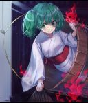  1girl akidzuki_haruhi bangs blood bloody_hands blush bucket commentary_request eyebrows_visible_through_hair green_eyes green_hair hair_bobbles hair_ornament japanese_clothes kimono kisume long_sleeves obi red_sash sash short_hair smile solo touhou twintails white_kimono wide_sleeves wooden_bucket 