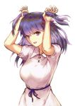  1girl :d absurdres arms_up bangs black_ribbon dress fate/stay_night fate_(series) floating_hair hair_ribbon highres holding holding_hair long_hair matou_sakura open_mouth purple_hair red_ribbon rei_no_himo ribbon short_sleeves simple_background smile solo standing sundress tsugu0302 two_side_up upper_body violet_eyes white_background white_dress 