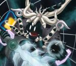  absurdres commentary_request demon_horns disembodied_limb energy_ball glowing gomikerasu highres holding holding_sword holding_weapon horns kirby&#039;s_return_to_dream_land kirby_(series) magolor magolor_soul master_crown no_humans pop_star portal_(object) red_eyes solo spoilers sword third_eye weapon white_eyes wings 