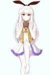  1girl :q animal_ears chirun0 closed_mouth cosplay fake_animal_ears fire_emblem fire_emblem:_three_houses fire_emblem_heroes highres holding long_hair lysithea_von_ordelia pink_eyes rabbit_ears see-through_sleeves simple_background smile solo tongue tongue_out veronica_(fire_emblem) veronica_(fire_emblem)_(cosplay) white_hair white_legwear 