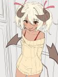  1girl :p arms_behind_back bangs bare_shoulders blush brown_eyes brown_sweater brown_wings closed_mouth collarbone commentary_request covered_navel curled_horns dark_skin dark-skinned_female demon_girl demon_horns demon_tail demon_wings detached_wings eyebrows_visible_through_hair hair_between_eyes hair_ribbon highres horns off-shoulder_sweater off_shoulder original pointy_ears red_ribbon ribbed_sweater ribbon smile solo sweater tail tongue tongue_out twintails white_hair wings yuuji_(yukimimi) 
