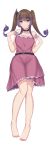  1girl absurdres bangs bare_shoulders barefoot blush brown_hair choker closed_mouth collarbone commission dress full_body gradient_hair hair_ribbon highres kanta_(kanta_077) knees_together_feet_apart long_hair looking_at_viewer multicolored_hair off-shoulder_dress off_shoulder original purple_dress purple_hair ribbon smile solo twintails two-tone_hair violet_eyes 