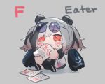  1girl animal_ears arknights bangs black_footwear black_hair blush character_name chibi crying crying_with_eyes_open eyewear_on_head feater_(arknights) haqlue holding holding_paper multicolored_hair panda_ears paper red_eyes round_eyewear shadow shoes short_hair silver_hair sitting solo streaked_hair sunglasses tears twintails 