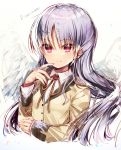  1girl angel_beats! angel_wings anniversary blazer chi_no jacket long_hair looking_at_viewer red_eyes school_uniform silver_hair simple_background solo tachibana_kanade upper_body white_background white_wings wings yellow_eyes 