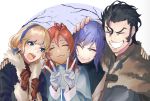  2boys 2girls alternate_costume balthus_(fire_emblem) black_hair blonde_hair blue_eyes blue_hairband brown_gloves closed_eyes closed_mouth coat constance_von_nuvelle dark_skin double_v earrings fire_emblem fire_emblem:_three_houses fur_trim gloves grin hairband hand_on_another&#039;s_head hapi_(fire_emblem) highres hot_dog_fe jewelry long_sleeves multicolored_hair multiple_boys multiple_girls open_mouth purple_hair redhead short_hair smile upper_body v white_gloves yuri_(fire_emblem) 