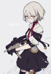  1girl black_gloves black_legwear black_skirt buttons character_name detached_collar dress girls_frontline glasses gloves gun high-waist_skirt highres holding holding_gun holding_weapon kriss_vector papaia_(quentingqoo) shirt short_hair short_sleeves silver_hair skirt solo submachine_gun thigh-highs vector_(girls_frontline) weapon yellow_eyes 