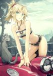 1girl arm_support bandeau bangs bare_arms bare_legs bare_shoulders blonde_hair breasts car cat chevrolet_corvette cutoffs denim denim_shorts eyebrows_visible_through_hair fate/apocrypha fate/grand_order fate_(series) green_eyes ground_vehicle hair_ornament hair_scrunchie head_tilt jewelry konoe_ototsugu leaning_forward micro_shorts midriff mordred_(fate) mordred_(fate)_(all) motor_vehicle navel necklace official_art on_vehicle outdoors parted_lips ponytail red_scrunchie revealing_clothes scrunchie short_hair short_ponytail shorts small_breasts stomach thighs tree 