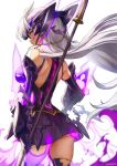  1girl athenawyrm bare_shoulders black_skirt breasts dark_skin elbow_gloves from_behind gloves highres holding holding_spear holding_weapon large_breasts long_hair polearm silver_hair skirt solo spear t-elos thigh-highs very_long_hair weapon xenosaga 