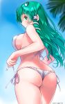  1girl ass bikini blue_sky blush breasts closed_mouth commentary_request dated eyebrows_visible_through_hair frog_hair_ornament green_eyes green_hair hair_ornament highres kochiya_sanae large_breasts long_hair looking_at_viewer looking_back side-tie_bikini sky smile snake_hair_ornament solo swimsuit touhou white_bikini yamaguchi_yuu 