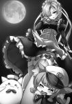  2girls arm_up azur_lane braid breasts garter_straps greyscale hair_over_one_eye hat highres large_breasts long_sleeves looking_at_viewer maid_headdress meowfficer_(azur_lane) monochrome moon multiple_girls night novel_illustration outdoors parted_lips pound_(azur_lane) raiou sheffield_(azur_lane) short_hair sky star_(sky) starry_sky thigh-highs 