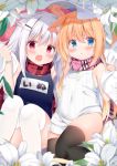  2girls :d animal_ear_fluff animal_ears bangs bare_arms bare_shoulders black_legwear blonde_hair blue_eyes blue_swimsuit blush cat_ears commentary_request dog_ears eyebrows_visible_through_hair fang feet_out_of_frame flower hair_between_eyes hand_up koinu-chan kujou_danbo long_hair lying multiple_girls on_back one-piece_swimsuit open_mouth original pink_scarf plaid plaid_scarf red_eyes red_scarf ribbed_sweater scarf school_swimsuit silver_hair sleeveless_sweater smile sweater swimsuit thigh-highs very_long_hair white_flower white_legwear white_sweater 