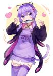  1girl :3 ai_kusunoki animal_ears bangs bow cat_ears cat_tail commentary cowboy_shot double_v dress fake_animal_ears fish hair_bow heart jacket kemonomimi_mode looking_at_viewer mouth_hold pink_bow purple_dress purple_hair purple_jacket purple_legwear rabbit_ears short_dress short_hair_with_long_locks sidelocks simple_background sleeveless sleeveless_dress solo tail thigh-highs v violet_eyes voiceroid white_background yuzuki_yukari 