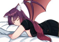  1girl absurdres animal_ears bat_wings breast_press breasts cat_ears closed_mouth commission highres kanta_(kanta_077) large_breasts long_hair lying on_back original pillow pillow_hug purple_hair short_sleeves sleeping smile solo wings 