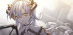  1girl arknights commentary cross dragon_horns english_commentary expressionless hair_between_eyes highres horns jacket long_hair looking_at_viewer orange_eyes parted_lips saria_(arknights) shao_(shao09320653) shield silver_hair simple_background solo turtleneck upper_body white_background white_jacket 