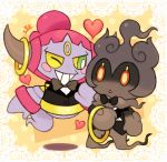  blush_stickers brown_eyes commentary creature english_commentary eye_contact floating full_body gen_6_pokemon gen_7_pokemon green_eyes grin heart highres hoopa hoopa_(confined) horns krystal_fleming looking_at_another marshadow marshadow_(gloom) no_humans pokemon pokemon_(creature) smile yellow_background 