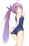  1girl absurdres ahoge arm_behind_back ass azur_lane bangs bare_shoulders black_ribbon blue_eyes blue_swimsuit blush breasts commentary_request eyebrows_visible_through_hair hair_ribbon highres long_hair looking_at_viewer medium_breasts ponytail purple_hair revision ribbon school_swimsuit simple_background solo swimsuit tashkent_(azur_lane) tming white_background 