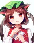  1girl animal_ears bangs blush bow bowtie brown_hair cat_ears cat_girl cat_tail chen claws commentary_request earrings ears_down extra_ears fangs food food_on_face green_headwear gunjou_row hands_on_own_chest hat highres jewelry long_sleeves looking_at_viewer mob_cap multiple_tails parted_bangs parted_lips red_eyes short_hair simple_background slit_pupils solo tail tearing_up tears touhou twitter_username two_tails upper_body white_background white_bow white_neckwear 