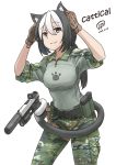  1girl :3 animal_ears artist_name bangs belt black_belt black_hair blue_eyes brown_gloves camouflage cat_ears cat_girl cat_tail closed_mouth commentary dated english_commentary english_text glock gloves green_pants green_shirt gun hair_tie handgun highres holding holding_ears holding_gun holding_weapon jpc long_sleeves looking_at_viewer medium_hair military military_uniform original pants paw_print ponytail pouch prehensile_tail shirt signature simple_background sleeves_rolled_up smile solo standing tail uniform utility_belt weapon white_background white_hair 