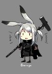  1girl :d absurdres animal_ears arknights bangs black_footwear black_jacket black_shirt black_skirt blush_stickers character_name check_translation chibi commentary_request eyebrows_visible_through_hair full_body hammer highres holding holding_hammer holding_weapon jacket long_hair open_clothes open_jacket open_mouth over_shoulder rabbit_ears sakusyo savage_(arknights) shirt shoes sidelocks silver_hair skirt smile solo standing striped translation_request twintails vertical-striped_skirt vertical_stripes weapon weapon_over_shoulder |_| 