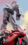  av-98_ingram clouds commentary commentary_request engine ground_vehicle highres k-kat kidou_keisatsu_patlabor lights machinery mecha motor_vehicle motorcycle no_humans police police_badge realistic science_fiction shield 