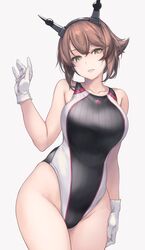  1girl alternate_costume arm_up bangs bare_shoulders black_swimsuit blush breasts brown_hair collarbone commentary_request competition_swimsuit cowboy_shot eyebrows_visible_through_hair flipped_hair gloves green_eyes groin hairband headgear highleg highleg_swimsuit highres kantai_collection large_breasts looking_at_viewer mutsu_(kantai_collection) one-piece_swimsuit parted_lips radio_antenna rokuwata_tomoe short_hair simple_background skindentation smile solo swimsuit thighs white_background white_gloves 