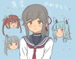  4girls asagumo_(kantai_collection) bangs blush brown_eyes brown_hair confetti dress flying_sweatdrops grey_hair hair_ribbon headgear kantai_collection kasumi_(kantai_collection) long_hair multiple_girls murakumo_(kantai_collection) nekura_kuroraro open_mouth ponytail ribbon sailor_collar sailor_dress side_ponytail smile tress_ribbon twintails upper_body usugumo_(kantai_collection) 