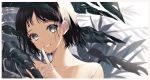  1girl bangs bare_shoulders black_hair collarbone commentary_request grey_eyes grey_nails grin hand_up highres index_finger_raised looking_at_viewer nail_polish original portrait rain short_hair smile sogawa solo strap_slip wet wet_hair 