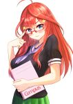  &gt;:) 1girl absurdres adjusting_eyewear ahoge black_shirt blue_eyes blush eyebrows_visible_through_hair go-toubun_no_hanayome green_skirt hair_ornament highres holding_notebook long_hair looking_at_viewer nakano_itsuki neckerchief notebook red-framed_eyewear redhead rei_(ilust9999) sailor_collar shirt short_sleeves simple_background skirt solo star star_hair_ornament white_background white_neckwear white_sailor_collar 