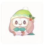  ayu_(mog) beanie bird bird_focus blush bright_pupils gen_7_pokemon green_headwear hat hatted_pokemon looking_at_viewer no_humans pokemon pokemon_(creature) rowlet signature sitting solo 