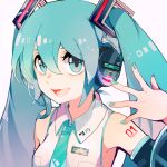  1girl :d collar collared_shirt commentary eyelashes green_eyes green_hair green_nails green_neckwear hand_up hatsune_miku hatsune_miku_(vocaloid3) headphones headset long_hair looking_at_viewer necktie open_mouth shirt shoulder_tattoo sleeveless sleeveless_shirt smile solo souno spread_fingers tattoo twintails very_long_hair vocaloid white_background white_shirt 