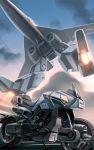  clouds commentary commentary_request energy_gun engine flying gerwalk ground_vehicle highres k-kat kikou_souseiki_mospeada legioss lights machinery mecha mospeada mospeada_(mecha) motor_vehicle motorcycle no_humans realistic science_fiction thrusters variable_fighter weapon 