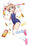  1girl :d antenna_hair bandaid bandaid_on_clothes bandaid_on_knee blue_swimsuit boots bracelet brown_hair card cardcaptor_sakura clow_card commentary_request full_body fuuin_no_tsue green_eyes hands_up highres holding holding_card holding_wand jewelry kinomoto_sakura looking_at_viewer magical_girl open_mouth pink_footwear school_swimsuit short_hair simple_background smile solo swimsuit thigh-highs wand watanabe_akio white_background white_legwear 