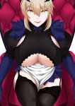  1girl absurdres artoria_pendragon_(all) artoria_pendragon_(lancer_alter) bangs black_legwear blonde_hair breasts chair english_commentary eyebrows_visible_through_hair fate/grand_order fate_(series) from_above garter_straps hair_between_eyes highres horns large_breasts looking_at_viewer open_mouth sideboob sidelocks thigh-highs thighs under_boob warden_jadol_9 yellow_eyes 