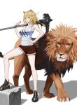  1girl absurdres animal_ears arknights bangs bare_arms bare_legs bare_shoulders black_footwear black_nails blonde_hair breasts candy collarbone commentary_request food fur-trimmed_shorts fur_trim hammer hand_on_hip hand_up highres holding holding_food lion lion_ears lollipop long_hair looking_at_viewer medium_breasts n2o_cat nail_polish over_shoulder red_shorts shadow shoes short_shorts shorts siege_(arknights) simple_background standing tank_top thighs weapon weapon_over_shoulder white_background white_tank_top yellow_eyes 