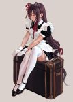  1girl animal_ears apron black_footwear black_hair blush breasts brown_hair cat_ears fkey gloves hairband highres long_hair low-tied_long_hair maid_apron mary_janes original red_eyes shoes sitting suitcase thigh-highs very_long_hair white_gloves white_legwear 