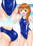  1girl aqua_eyes ass ass_visible_through_thighs baba_konomi blue_sky blue_swimsuit braid brown_hair clouds competition_swimsuit contrapposto covered_navel cowboy_shot highleg highleg_swimsuit highres idolmaster idolmaster_million_live! long_hair multiple_views naka_ushiro one-piece_swimsuit single_braid sky smile standing swimsuit whistle whistle_around_neck 