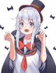  1girl bangs bat black_cape blue_eyes blush cape claw_pose eyebrows_visible_through_hair eyelashes fangs halloween hat hibiki_(kantai_collection) kantai_collection long_hair moyasi3409854 pumpkin red_neckwear sailor_collar school_uniform serafuku silver_hair simple_background solo top_hat upper_body white_background 